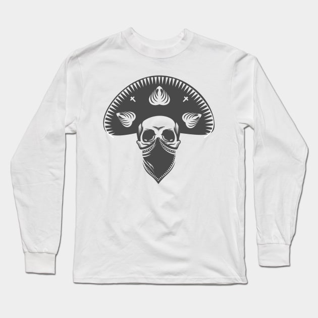 Mexican skull in sombrero. Bandit skull in hat and bandana. Long Sleeve T-Shirt by devaleta